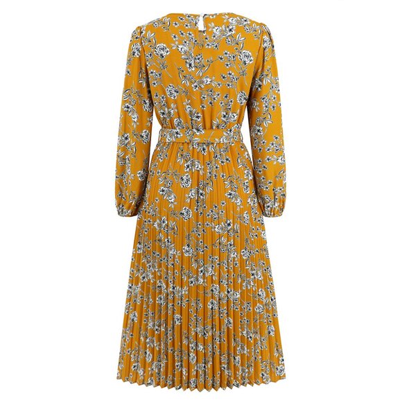 Mid-length pleated long-sleeved floral skirt retro bow dress - Picture 3 of 3